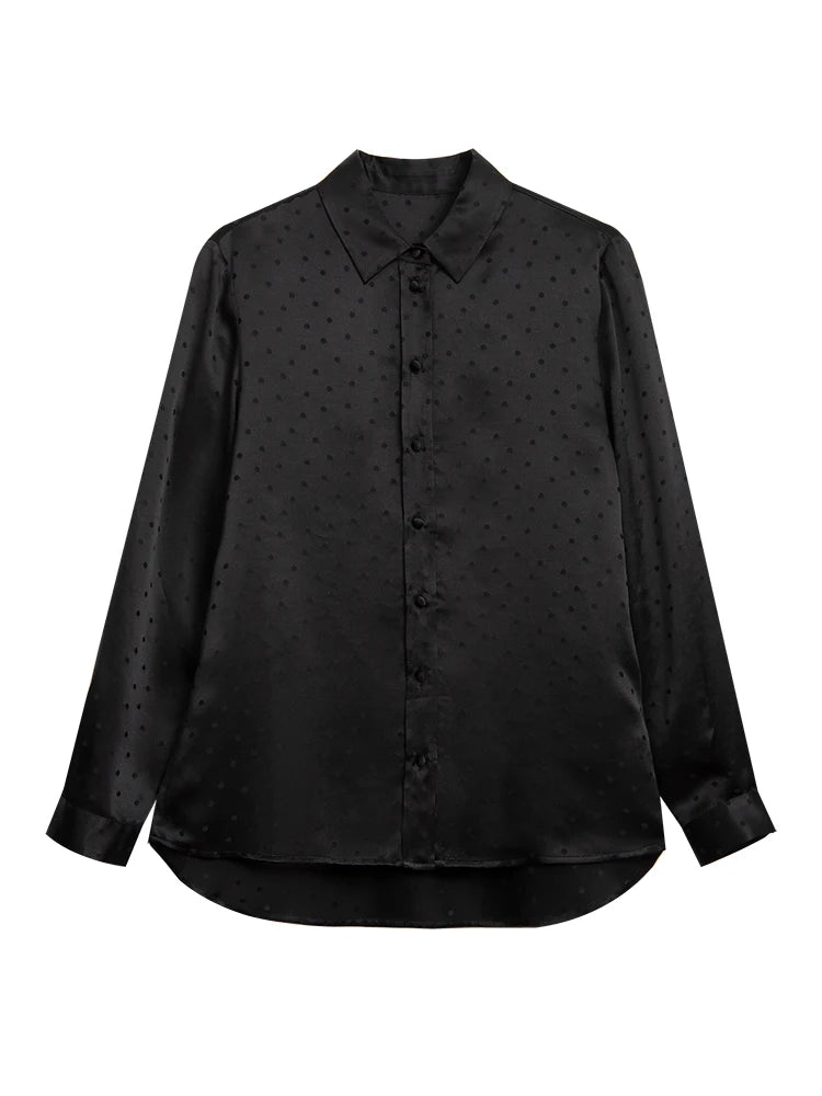 Women's Mulberry Silk Jacquard Shirt in Onyx, featuring a subtle dot pattern and center back pleat, crafted from luxurious 100% Mulberry silk for a refined and elegant look. From Borcelleclothes.