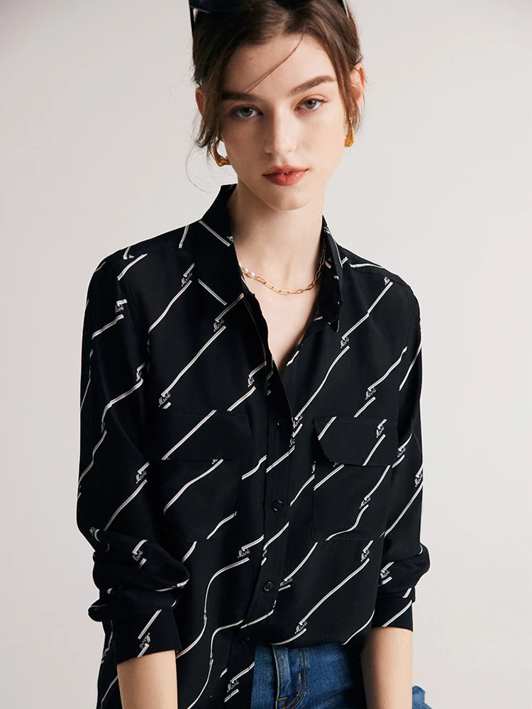 Model showcasing the front design of Women's Mulberry Silk Shirt with Black and White Diagonal Stripes. From Borcellelothes.