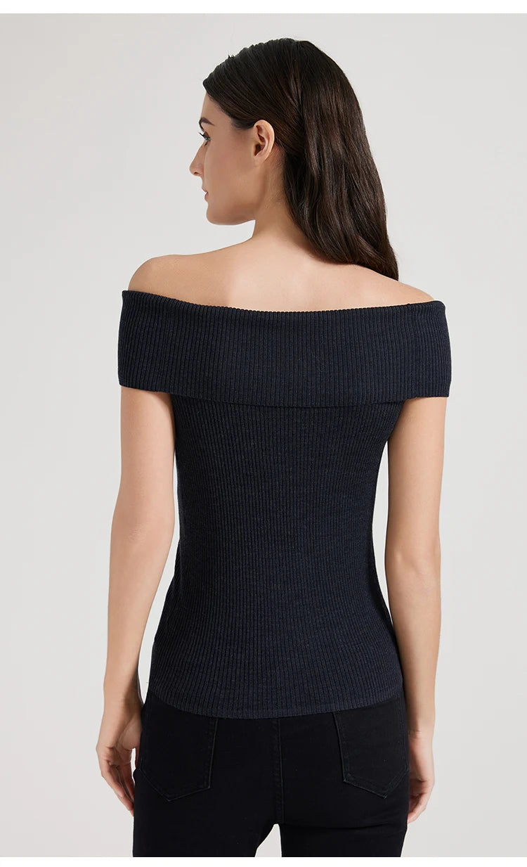 Back view of the off-the-shoulder top in Black Pearl, highlighting the ribbed fabric and bare shoulders. From Borcelleclothes.