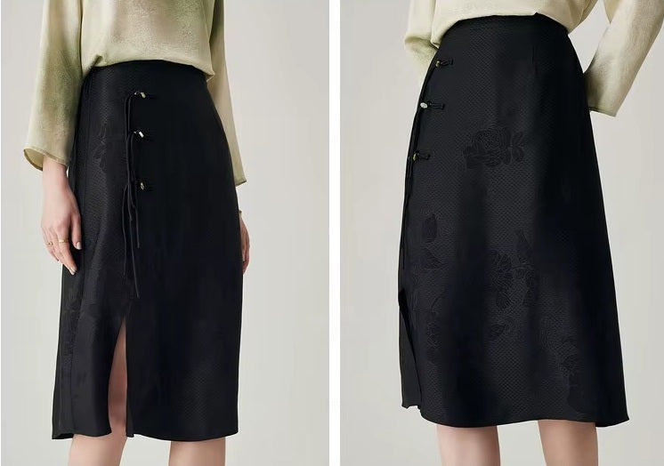 Two-view collage of the skirt with model’s arms straight and behind, showing sleek silhouette. From Borcelleclothes.