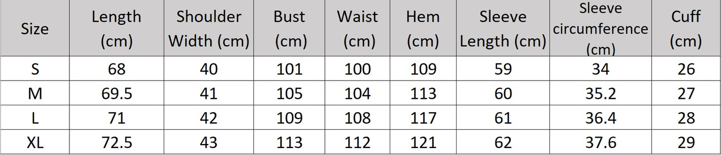 Women's size chart for an Onyx minimal blazer with thigh-length silhouette, clean lines, no buttons, and a single unfinished heart metal accent at the waist – From Borcelleclothes.