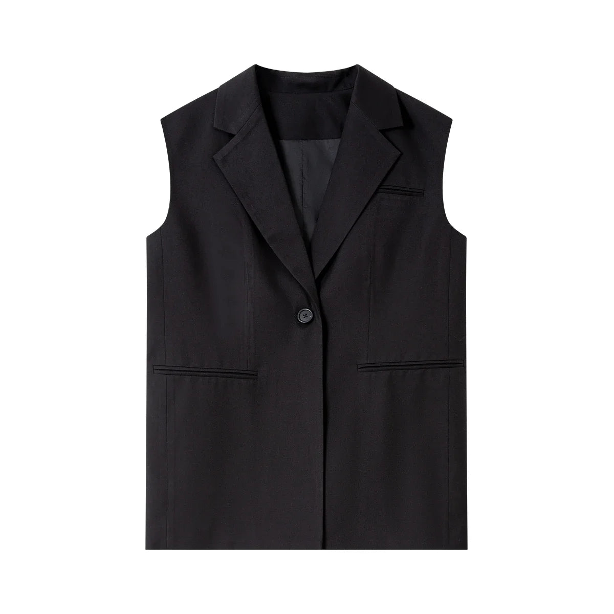 Front view of the Onyx Sleeveless Blazer. From Borcelleclothes.