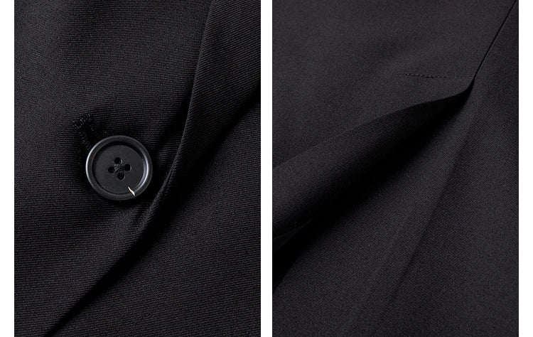 Collage of upper button and back vent details of the Onyx Sleeveless Blazer. From Borcelleclothes.
