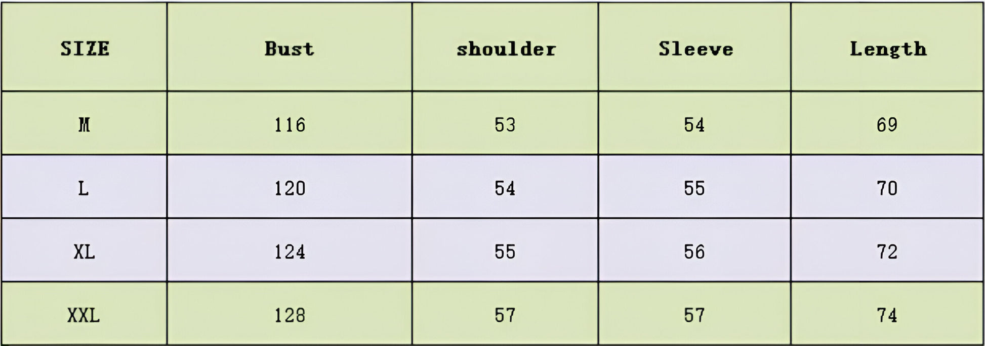 Women's size chart for Oversized Single-Sided Fleece Sweatshirt in Silver. Cozy and stylish with a zippered high-neck, relaxed fit, drop shoulders, and an elastic waistband. Made from a durable blend of cotton and polyester for softness and longevity, perfect for casual outings or lounging. From Borcelleclothes.