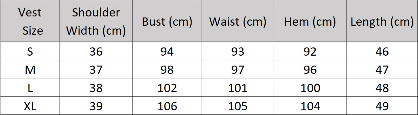 Women’s size chart for a vest of two-piece set in Payne’s Grey, featuring soft structure, minimalist tailoring, and quiet presence inspired by a painter’s refusal to use harsh black. From Borcelleclothes.