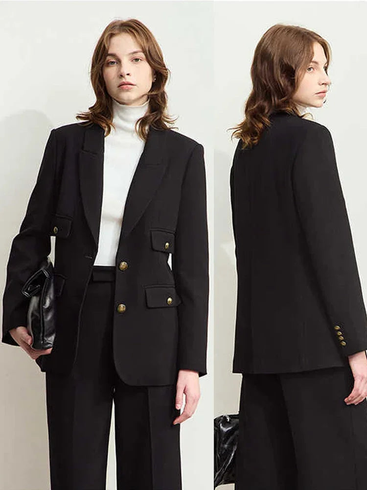 Front and back views of the Onyx blazer on model — a silhouette defined by precision, with lapels and buttons that reflect quiet intention. From Borcelleclothes.