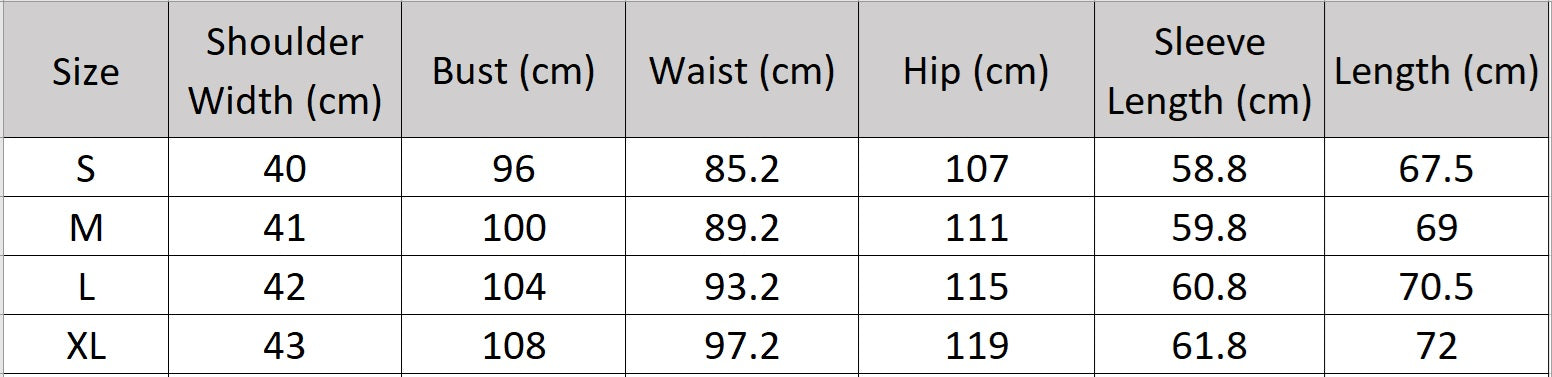 Women’s size chart for a peaked-lapel blazer — a single-breasted design with pointed lapels and convex brass buttons, crafted in a deep, composed shade that absorbs attention with quiet strength. From Borcelleclothes.
