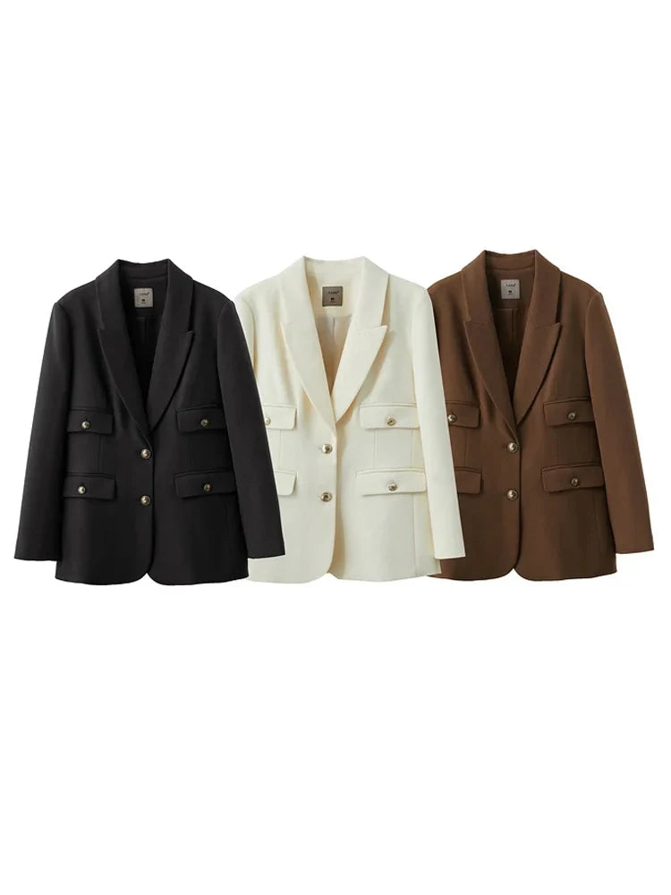Women’s peaked-lapel blazer shown in Onyx, Sugar Cane, and Irish Coffee — three composed tones that speak of clarity, warmth, and quiet strength. From Borcelleclothes.