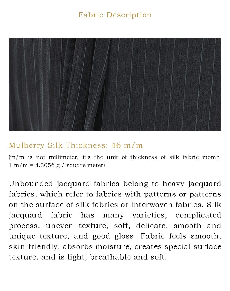 Close-up of the Black Pearl pinstriped Mulberry silk jacquard fabric, showing matte texture and vertical weave structure with 46 m/m silk density. From Borcelleclothes.