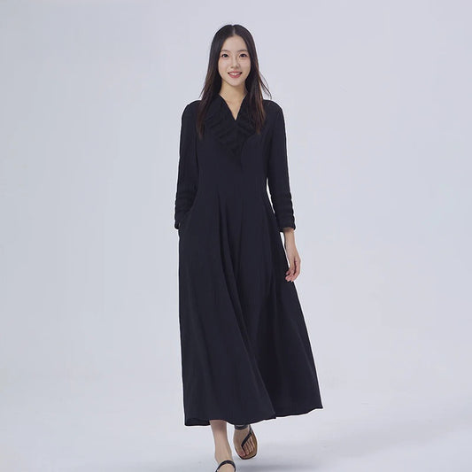 Women's ankle-length dress in Black Pearl pinstriped Mulberry silk jacquard, featuring sculptural tuck details on lapels and cuffs, with a regal, structured silhouette. From Borcelleclothes.