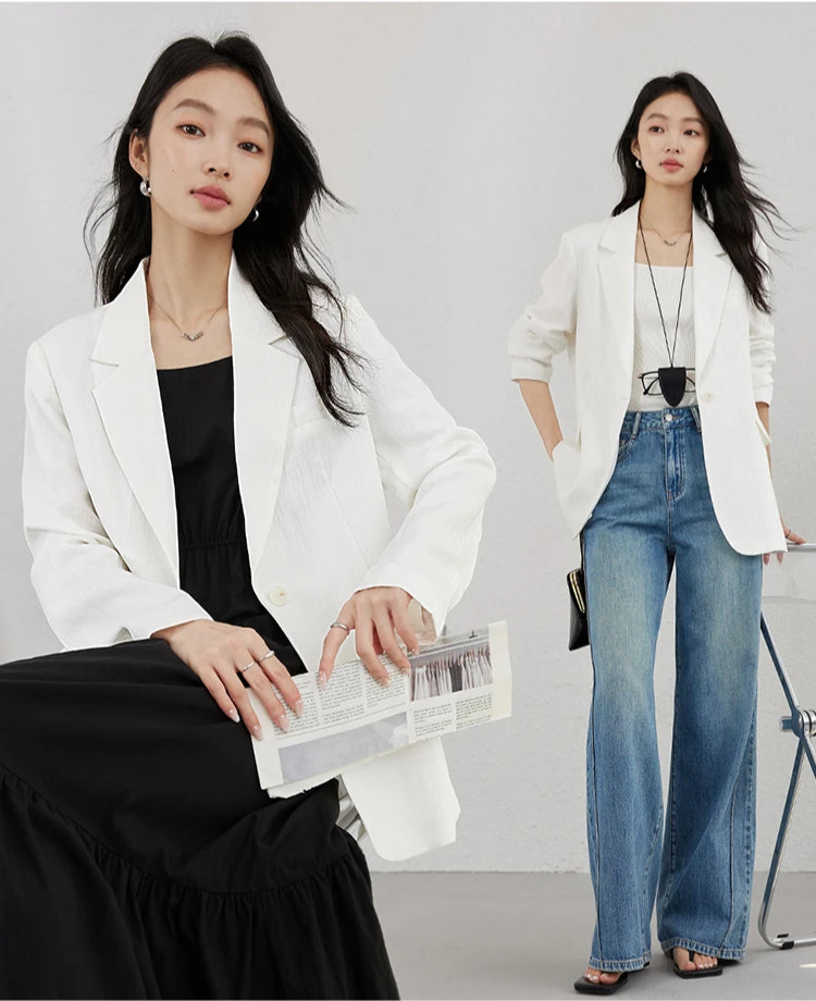 Collage of Platinum Urban Blazer styled with a black dress and jeans. From Borcelleclothes.