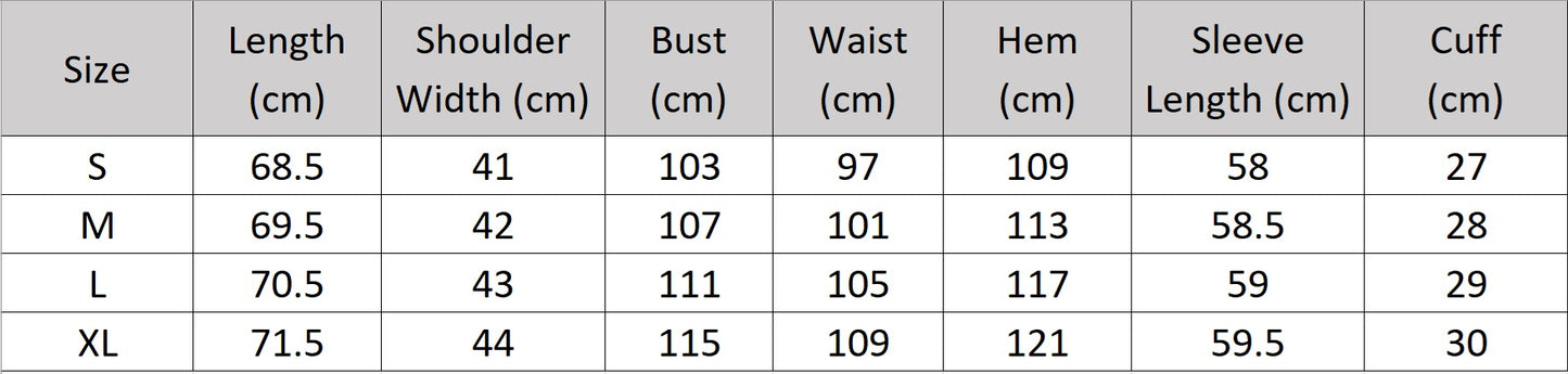 Women’s size chart for a Platinum & Onyx Urban Blazer, with thigh-length cut, notch lapels, and single button design, crafted for composed and unhurried elegance. From Borcelleclothes.