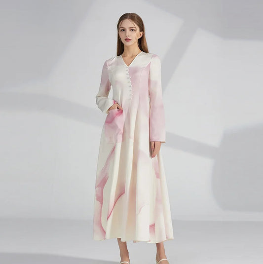 Women's multicolor princess-seamed flared silk dress with pearl-like buttons, V-neckline, and visible side pocket. From Borcelleclothes.