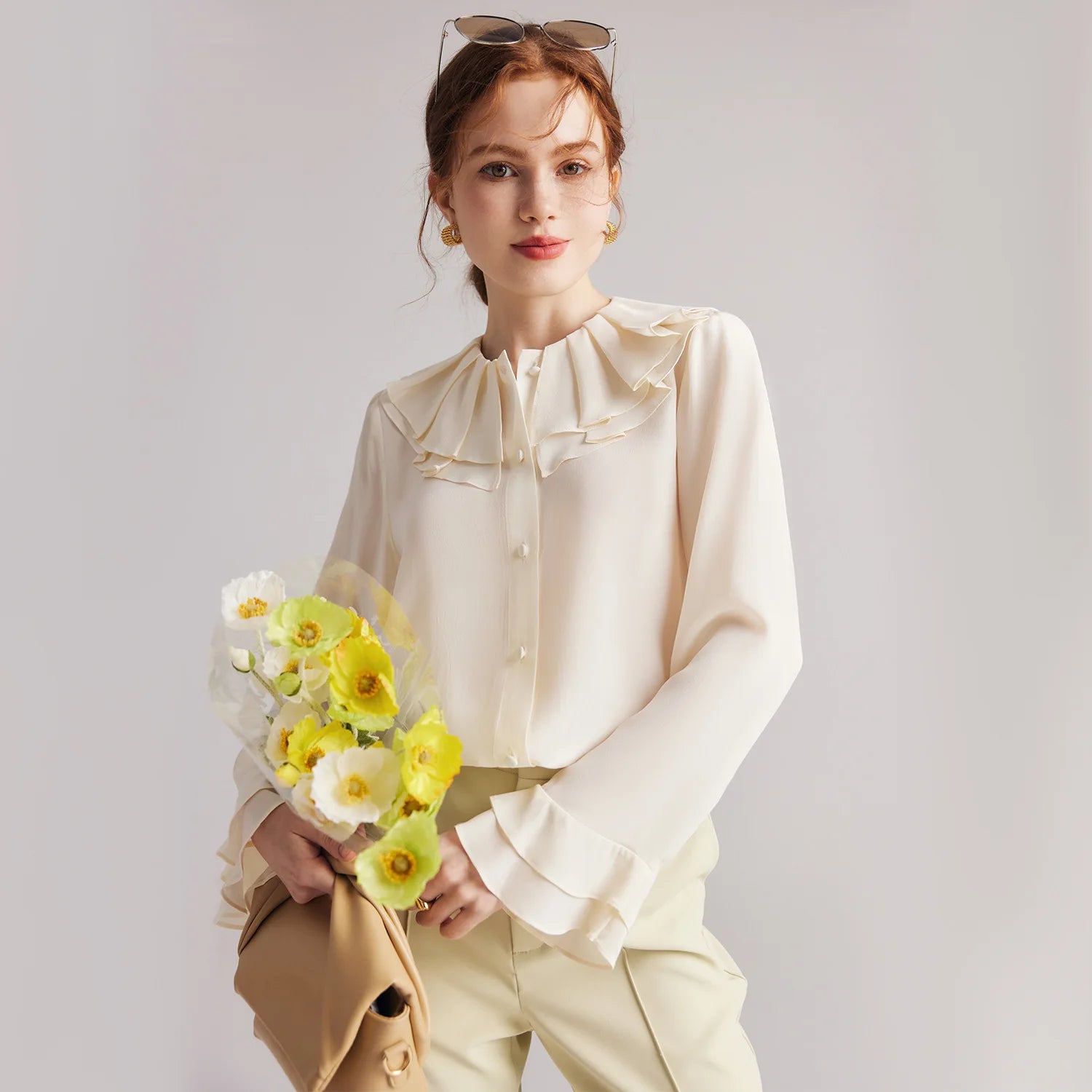Women's Romantic Pearl Bush Blouse crafted from 6A Grade Mulberry Silk, featuring a double-layered pilgrim collar with pleats and flounce cuffs for a vintage-inspired, luxurious look. From Borcelleclothes.