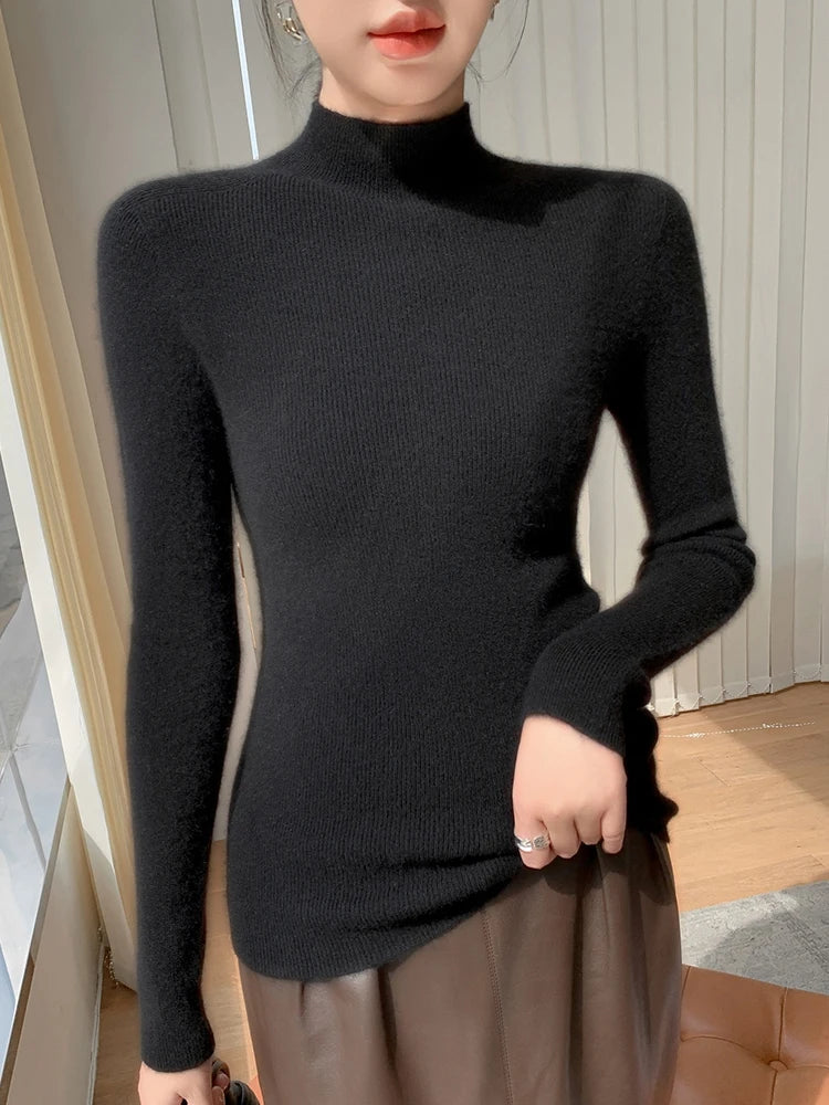 Women's Saddle Sleeves Cashmere Sweater in Dark Grey, crafted from 100% premium cashmere. Featuring a slim fit, mock neck, and saddle sleeves for a sleek and structured silhouette, blending softness and refinement for a timeless look, Borcelleclothes.