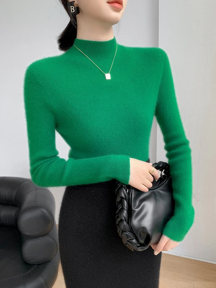 Women's Saddle Sleeves Cashmere Sweater in Green Haze, crafted from 100% premium cashmere. Featuring a slim fit, mock neck, and saddle sleeves for a sleek and structured silhouette, blending softness and refinement for a timeless look, Borcelleclothes.