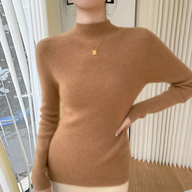Women's Saddle Sleeves Cashmere Sweater in Mocha, crafted from 100% premium cashmere. Featuring a slim fit, mock neck, and saddle sleeves for a sleek and structured silhouette, blending softness and refinement for a timeless look, Borcelleclothes.