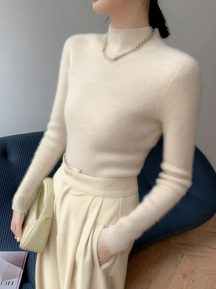 Women's Saddle Sleeves Cashmere Sweater in Soft Amber, crafted from 100% premium cashmere. Featuring a slim fit, mock neck, and saddle sleeves for a sleek and structured silhouette, blending softness and refinement for a timeless look, Borcelleclothes.