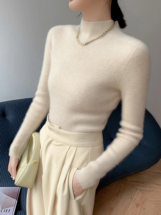 Women's Saddle Sleeves Cashmere Sweater in Soft Amber, crafted from 100% premium cashmere. Featuring a slim fit, mock neck, and saddle sleeves for a sleek and structured silhouette, blending softness and refinement for a timeless look, Borcelleclothes.