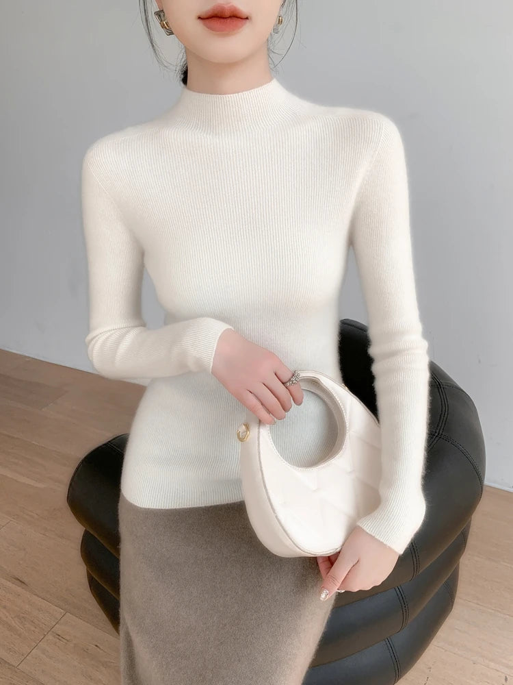 Women's Saddle Sleeves Cashmere Sweater in Spring Wood, crafted from 100% premium cashmere. Featuring a slim fit, mock neck, and saddle sleeves for a sleek and structured silhouette, blending softness and refinement for a timeless look, Borcelleclothes.