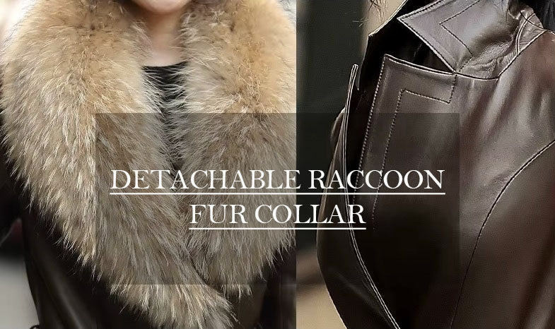 Collage of the Women's Sheepskin Down Coat in Eclipse. Model showcases the coat with and without the detachable raccoon fur collar. Borcelleclothes.
