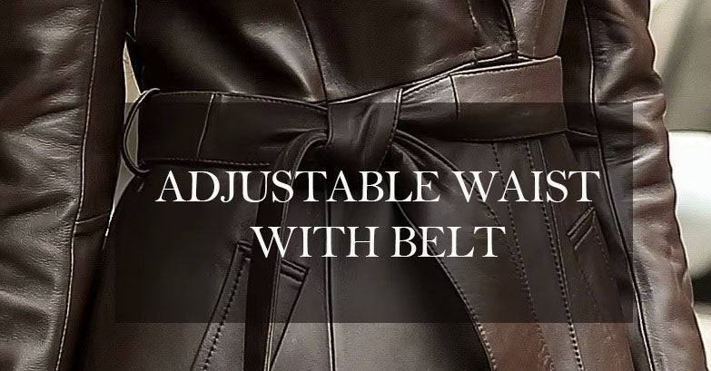 Women's Sheepskin Down Coat in Eclipse. Close-up of the tied leather belt, emphasizing the coat’s cinched waist and structured silhouette. Borcelleclothes.