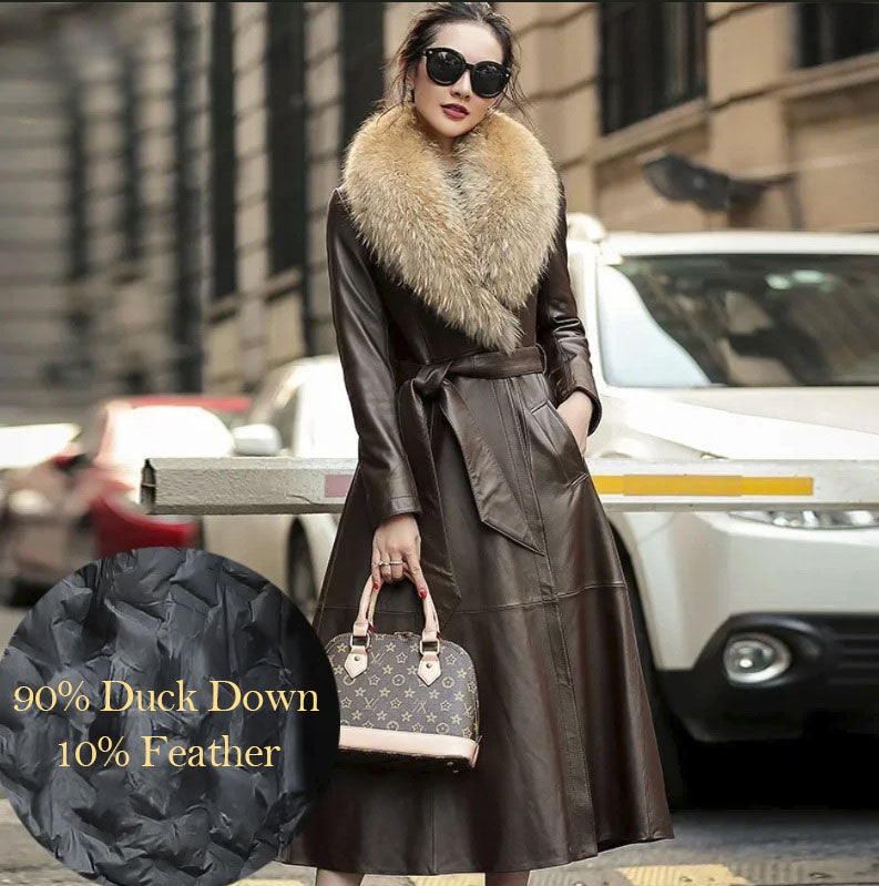 Option of a Women's Sheepskin Down Coat in Eclipse with Racoon Fur and Down lining. From Borcelleclothes.