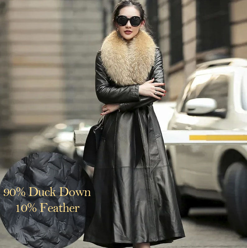 Option of a Women's Sheepskin Down Coat in Onyx with Racoon Fur and Down lining. From Borcelleclothes.