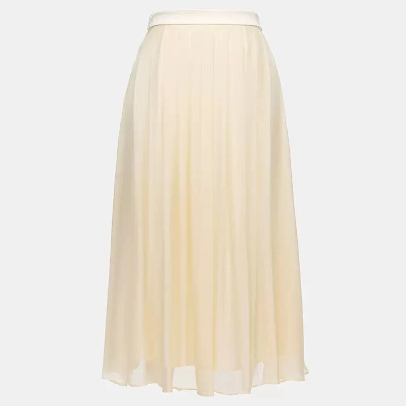 Women's mid-calf sheer georgette skirt in Apricot White, featuring pleated outer silk layer over shorter matte silk crepe lining. From Borclleclothes.