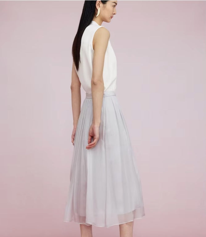 Side view of model in Lavender Grey georgette skirt, showing shape and length. From Borcelleclothes.