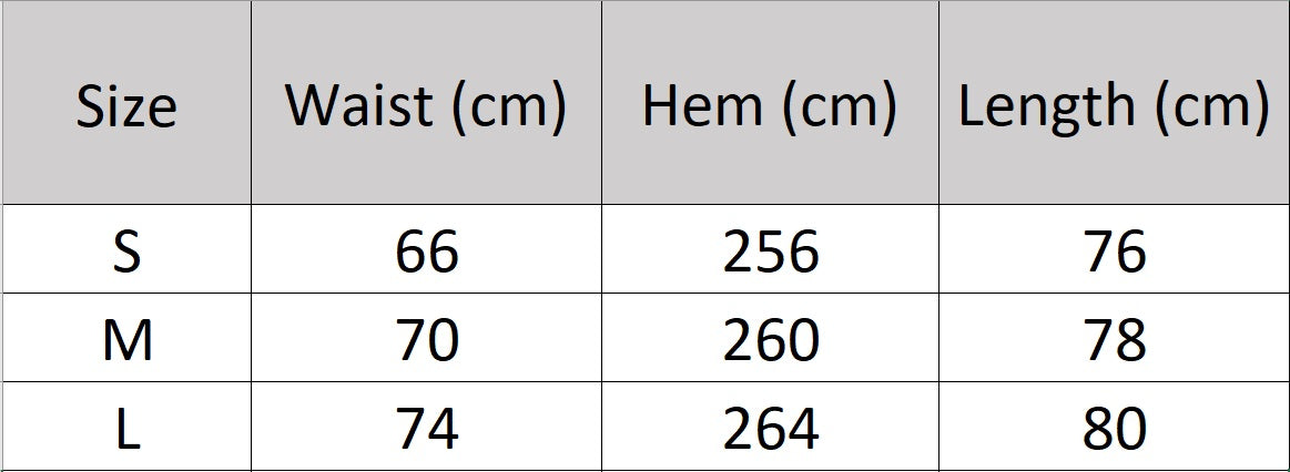 Women's size chart for a mid-calf sheer georgette skirt, featuring pleated outer silk layer over shorter matte silk crepe lining. From Borclleclothes.