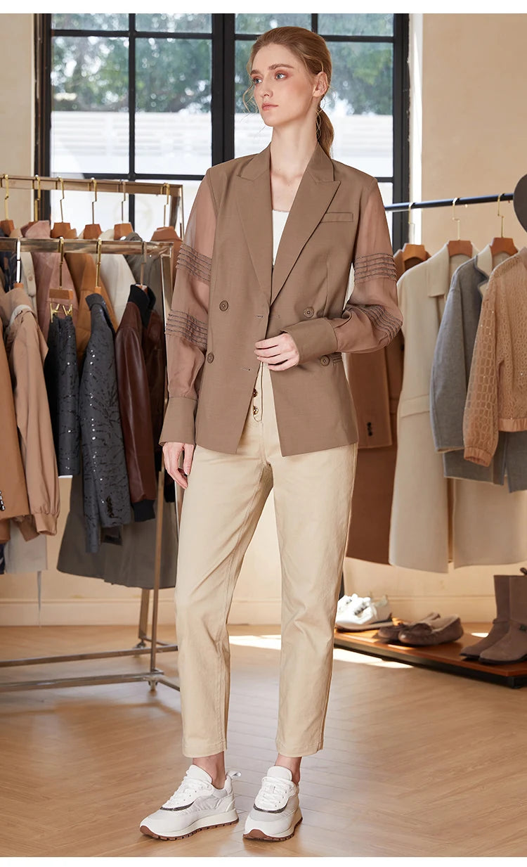 Women’s sheer-sleeved wool blazer in Milk Chocolate, unbuttoned front view. From Borcelleclothes.