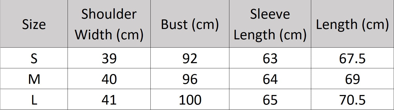 Women’s size chart for a sheer-sleeved wool blazer with pleated rhinestone chain detail, double-breasted cut, and peaked lapels — rhythm and lightness in balance. From Borcelleclothes.
