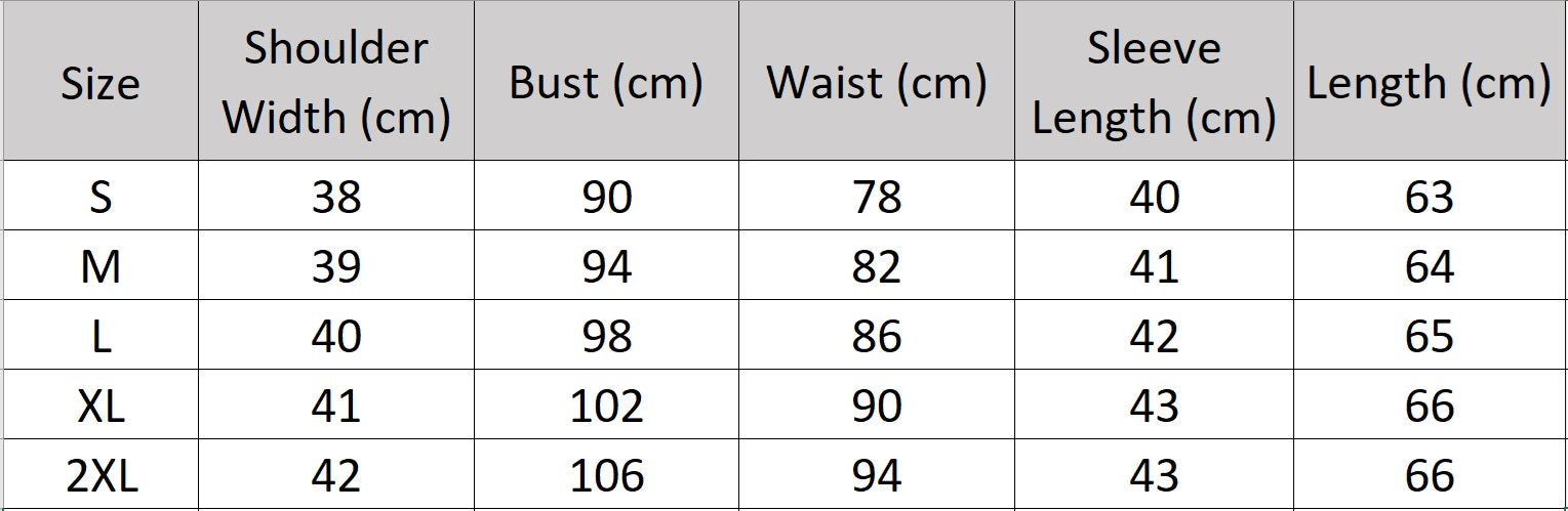 Women’s size chart for a Mulberry Silk Crepe de Chine blazer — a soft, lightweight layer with 3/4 gathered sleeves and a single-button closure, designed as a quiet companion in a gentle, feminine hue. From Borcelleclothes.