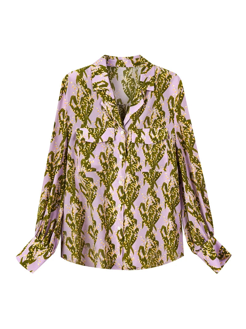 Front view of pastel floral silk crepe de chine shirt with natural drape. From Borcelleclothes.