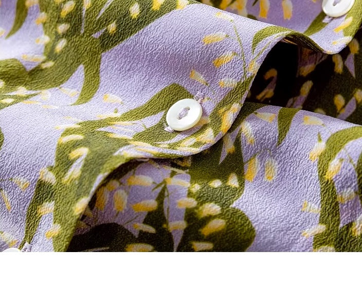 Detail of placket on pastel floral silk crepe de chine shirt. From Borcelleclothes.