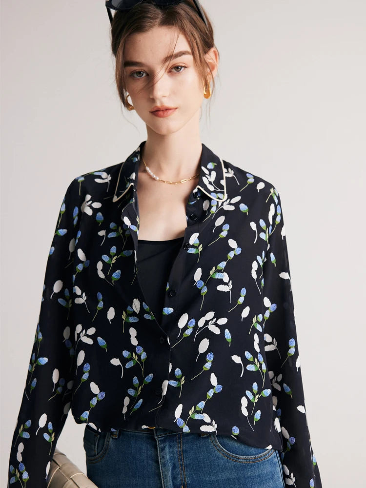 The front of the women's silk shirt with berry-inspired print, featuring a rounded collar and white contrast piping. From Borcelleclothes.