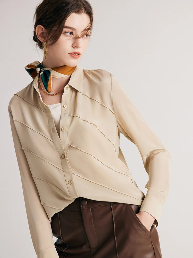 Women's Mulberry silk shirt in Soft Amber with diagonal seamed folds and pointed collar. From Borcelleclothes.