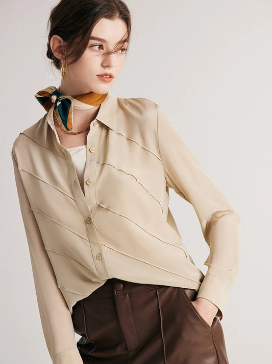 Women's Mulberry silk shirt in Soft Amber with diagonal seamed folds and pointed collar. From Borcelleclothes.