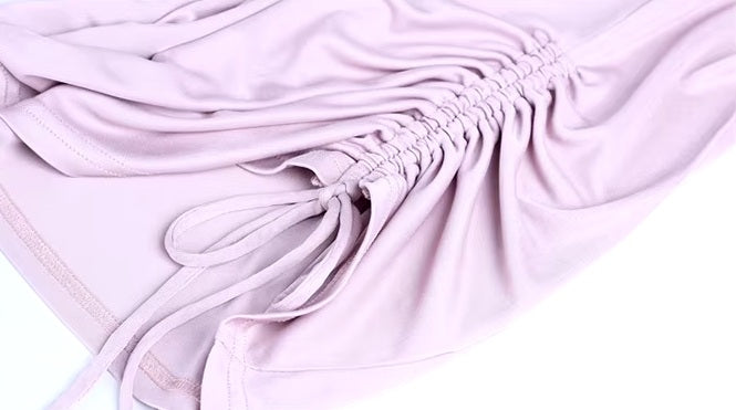 Draping detail on the gathered casing of Women's Silk Top with Casing in Amour. From Borcelleclothes.