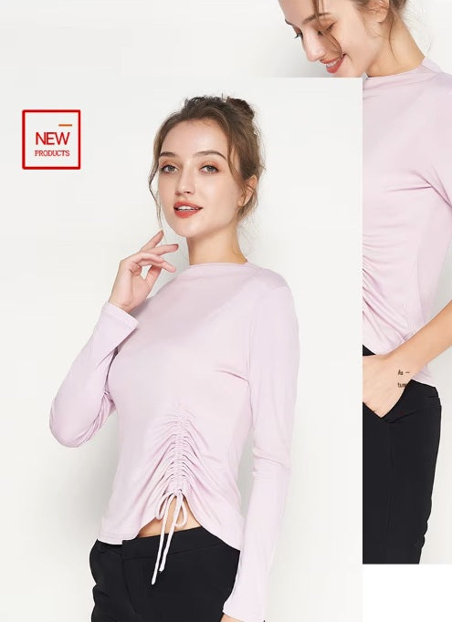 Women's Silk Top with Casing in Amour, model in a collage showing two poses, highlighting the high straight neckline and side tie detail. From Borcelleclothes.