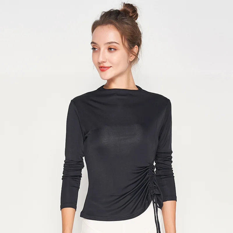 Women's Silk Top with Casing in Onyx, featuring a high straight neckline and adjustable side tie in luxurious Mulberry Silk Blend. From Borcelleclothes.