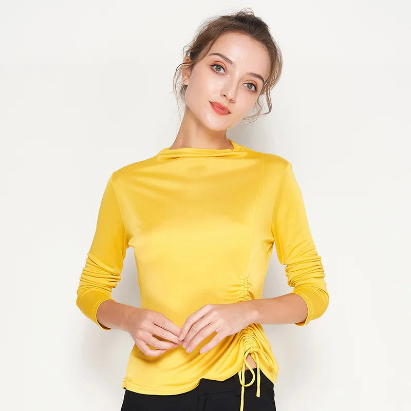 Women's Silk Top with Casing in Yellow Tan, featuring a high straight neckline and adjustable side tie in luxurious Mulberry Silk Blend. From Borcelleclothes.