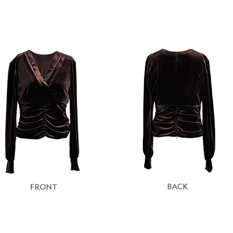 Front and back of a Women's Silk Velvet Blouse in Coffee Bean with corset-inspired gathered waist and long sleeves, showcasing the luxurious velvet texture and sculpted silhouette. From Borcelleclothes.