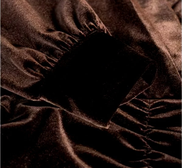 Detailed stitching and textured fabric on the cuff of a Women's Silk Velvet Blouse in Coffee Bean with corset-inspired sculpted waist, featuring long sleeves, V-neckline, and luxurious texture. From Borcelleclothes.