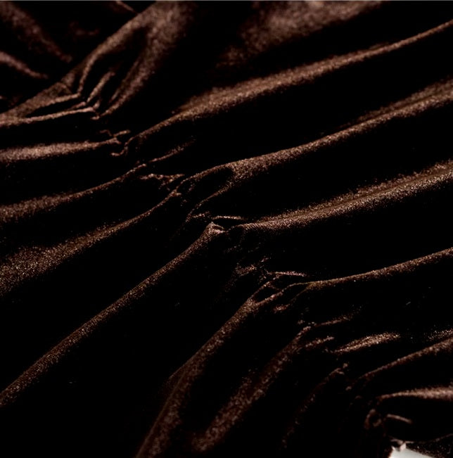 Detailed stitching and textured fabric on the gather of a Women's Silk Velvet Blouse in Coffee Bean with corset-inspired sculpted waist, featuring long sleeves, V-neckline, and luxurious texture. From Borcelleclothes.