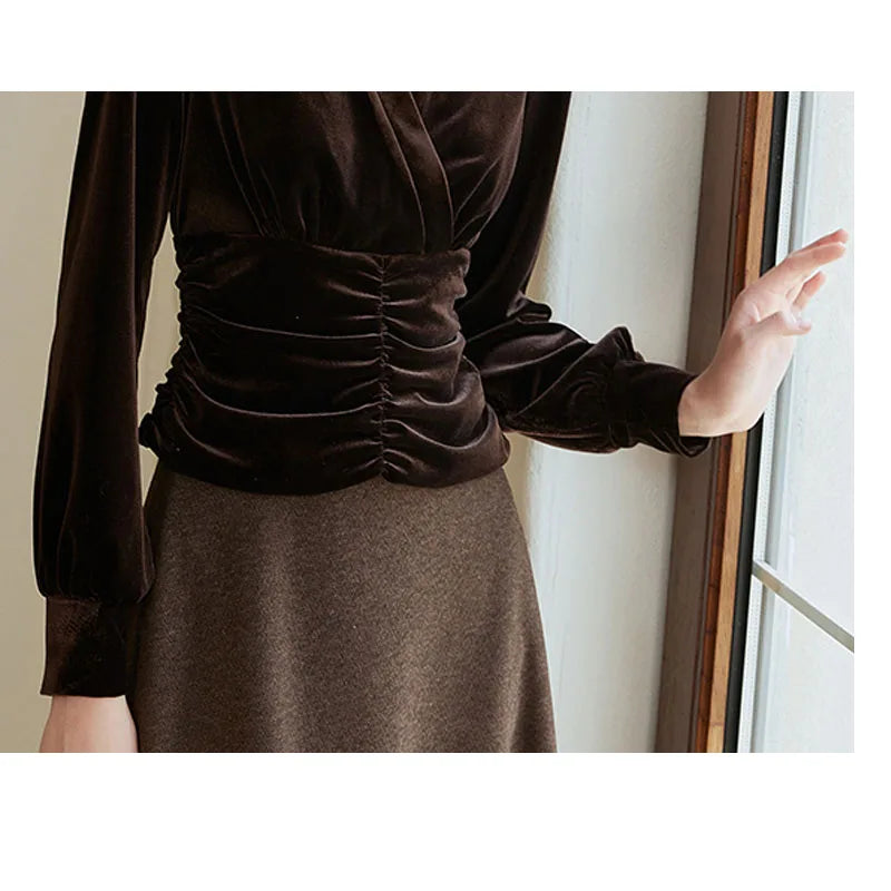 Detailed stitching and textured fabric on the high waist of a Women's Silk Velvet Blouse in Coffee Bean with corset-inspired sculpted waist, featuring long sleeves, V-neckline, and luxurious texture. From Borcelleclothes.