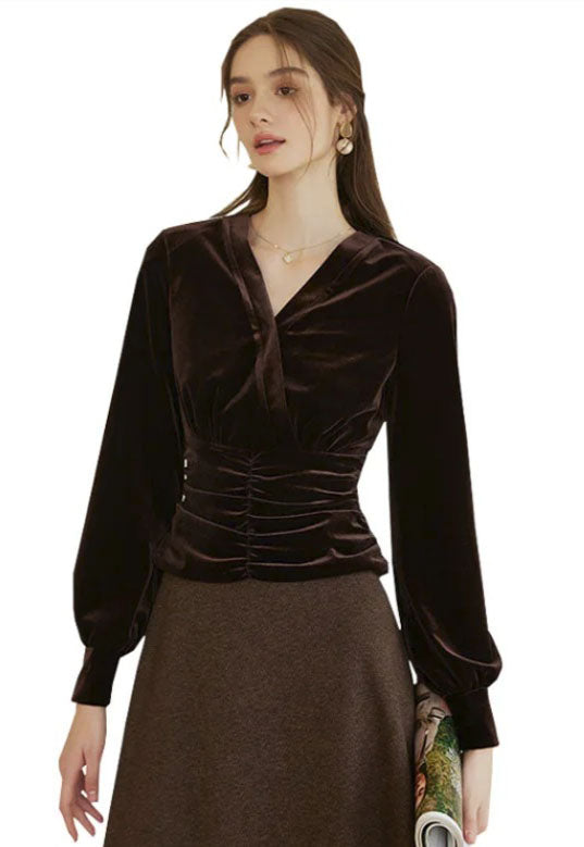 Women's Silk Velvet Blouse in Coffee Bean with corset-inspired sculpted waist, featuring long sleeves, V-neckline, and luxurious texture. From Borcelleclothes.