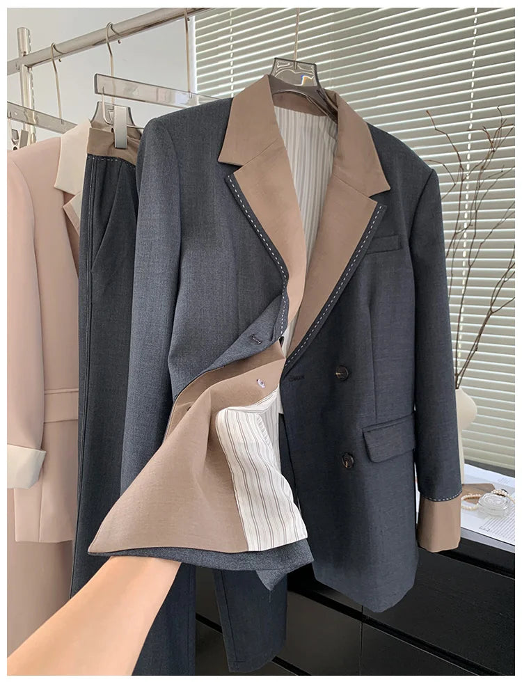 Women’s Silver Pink & Davy Grey blazer in Davy Grey displayed on a hanger — From Borcelleclothes.