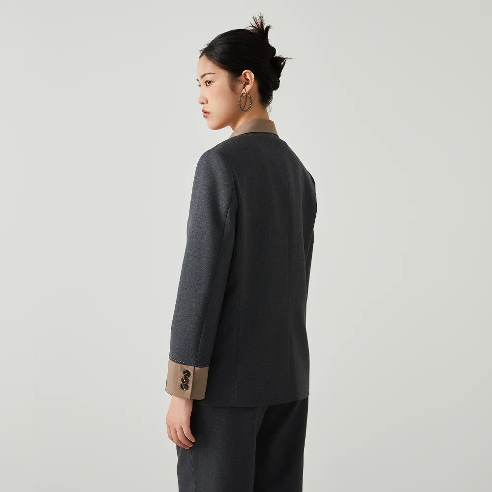 Back view of model wearing women’s Silver Pink & Davy Grey blazer in Davy Grey — From Borcelleclothes.